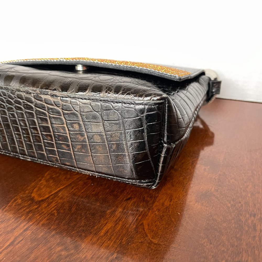 Raviani Black Flap Croco Embossed Leather Shoulder Bag w/Crystals - Picture 10 of 13